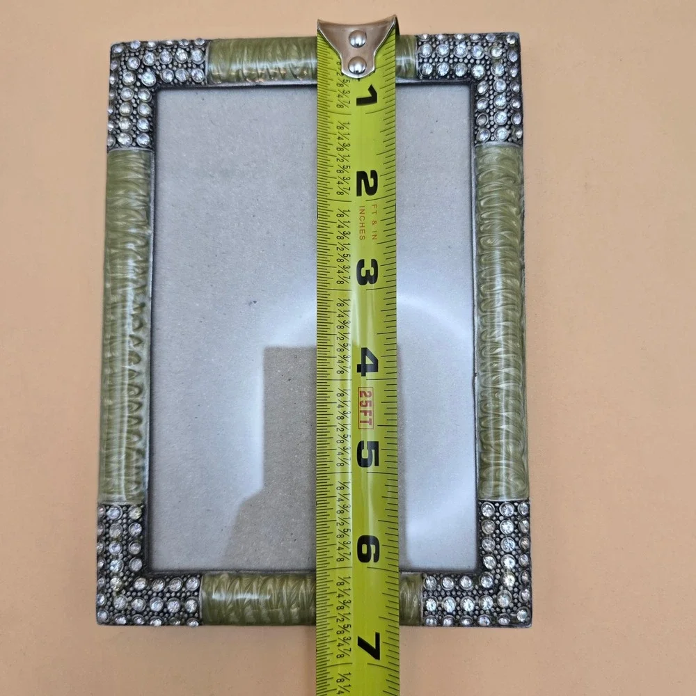 Sage Green Enamel and Rhinestone Picture Frame Vintage Style 4x6 Tabletop Decor - Picture 12 of 16